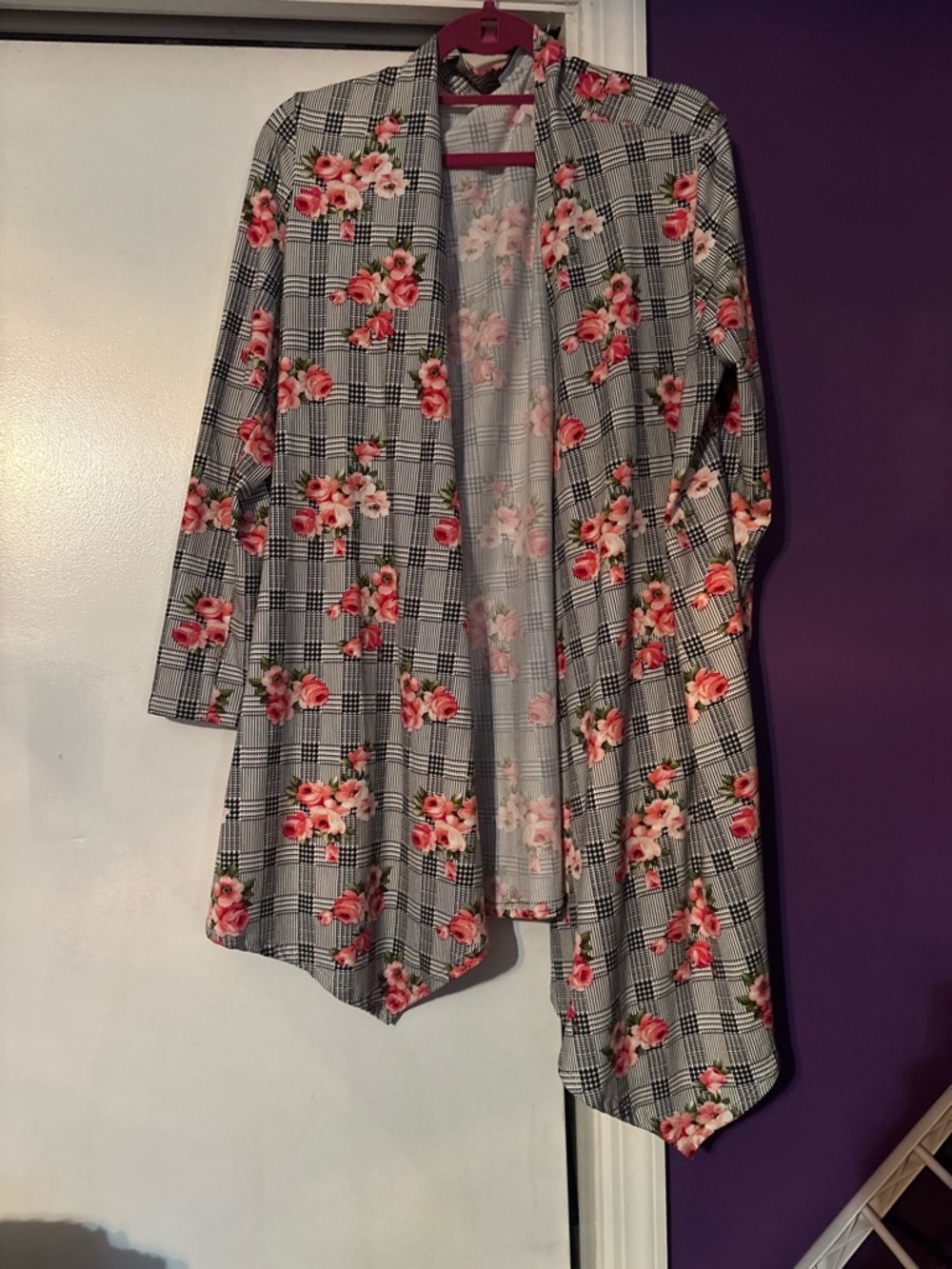 FRUMOS Floral & Plaid Mixed Print Cardigan - Gray with Pink Floral